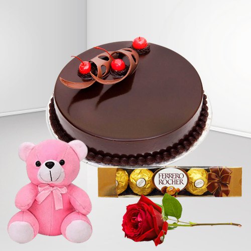 Delectable Chocolate Cake with Teddy Ferrero Rocher N Rose