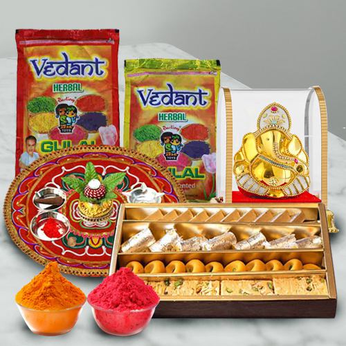 Rang Barse Combo of Herbal Gulal, Puja Thali, Ganesh Mandap N Assoorted Sweets