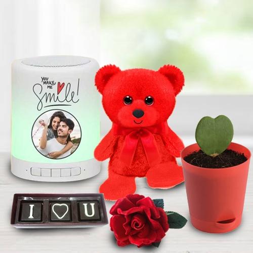 Magnificent V-day Selection of Personalized Photo Bluetooth Speaker with Chocolate, Teddy n Rose