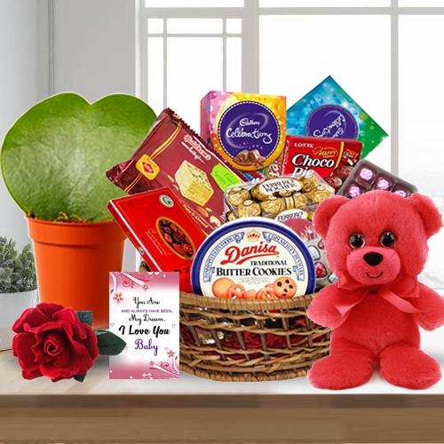 Enthralling Chocolate Assortments Gift Basket with Rose, Teddy N Plant