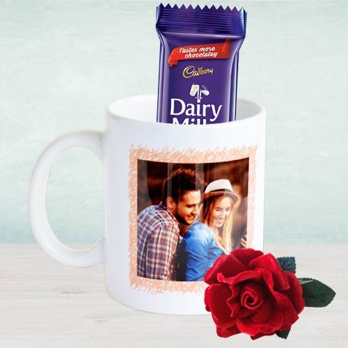 Amazing Personalised Photo Coffee Mug with Cadbury Dairy Milk Chocolates n Roses Trio