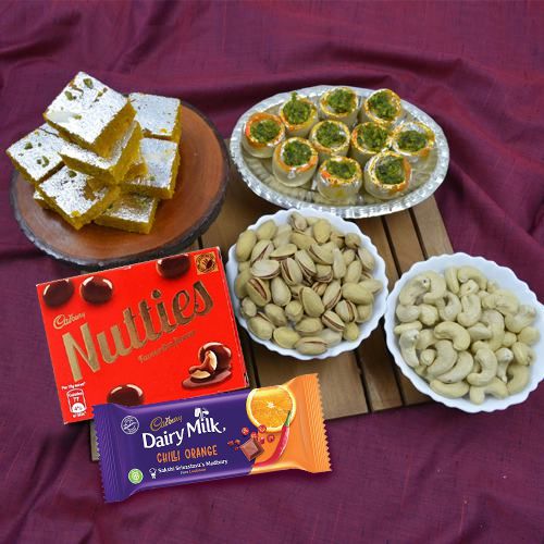 Stunning Gift of Haldiram Sweets, Cadbury Chocolates n Dry Fruits
