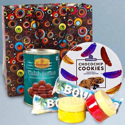 Enjoyable Holi Gift Bag of Danish Cookies with Gulabjamun n Chocolates