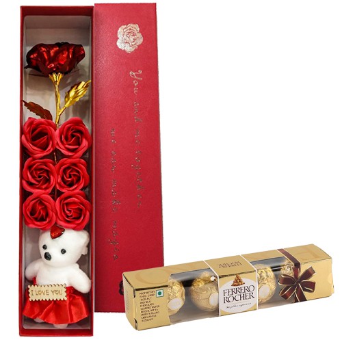 Attractive Rose Day Combo of Ferrero Rocher n Artificial Roses with Teddy