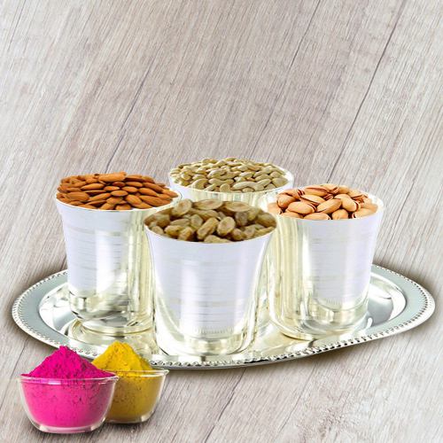 Dry Fruits in Silver Glass and Tray with free Gulal/Abir Pouch