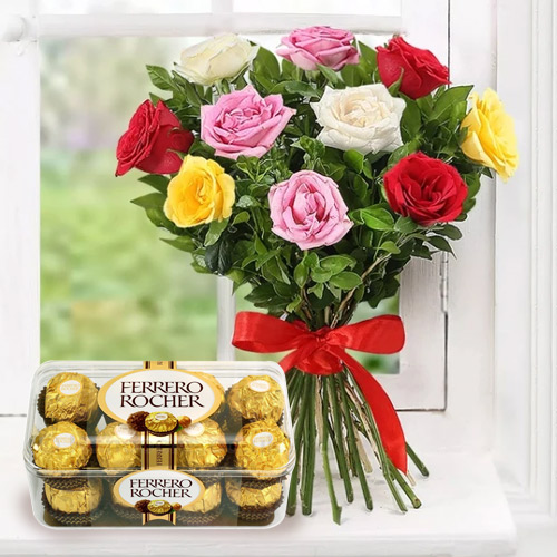 Wonderful Mixed Roses Bunch and Ferrero Rocher Chocolates