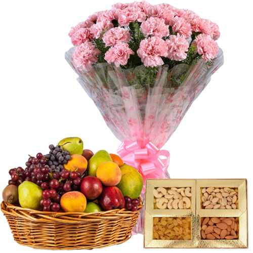 Present of Pink Carnations Basket with Fresh Fruits Basket and Assorted Dry Fruits