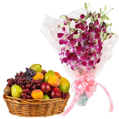 Beautiful Orchids Bouquet with Fresh Fruits Basket