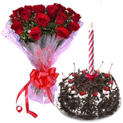 Delicious Black Forest Cake with Candles and Red Roses Bouquet