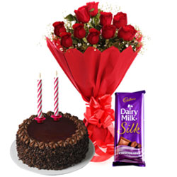 Delicious Cadbury Dairy Milk Silk, Chocolate Cake with Candles and Roses Bouquet