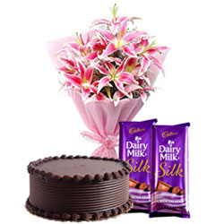 Tasty Dairy Milk Silk Chocolates with Lilies Bouquet and Chocolate Cake