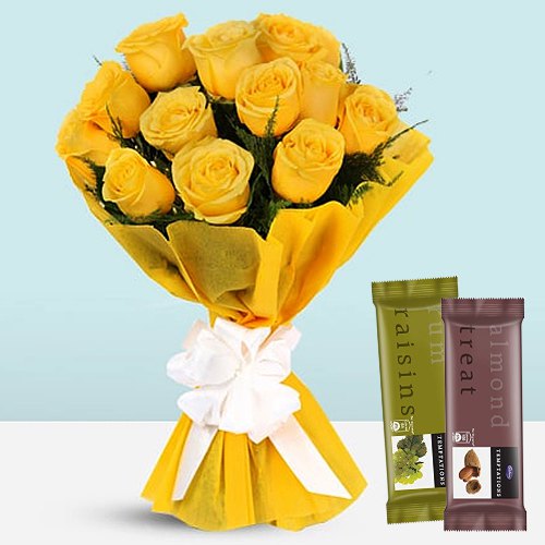 Radiant Yellow Rose Bouquet with Chocolates