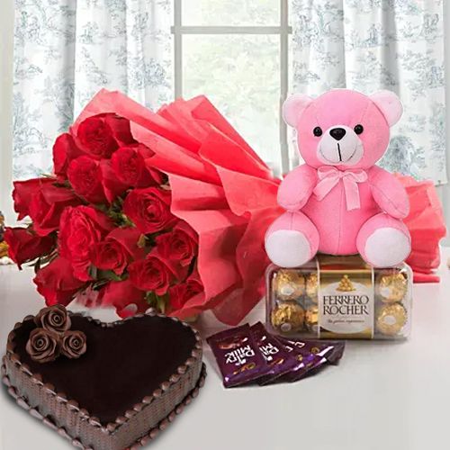 Hearty Chocolate Cake Ferrero Rocher Roses Teddy N Chocolates Combo