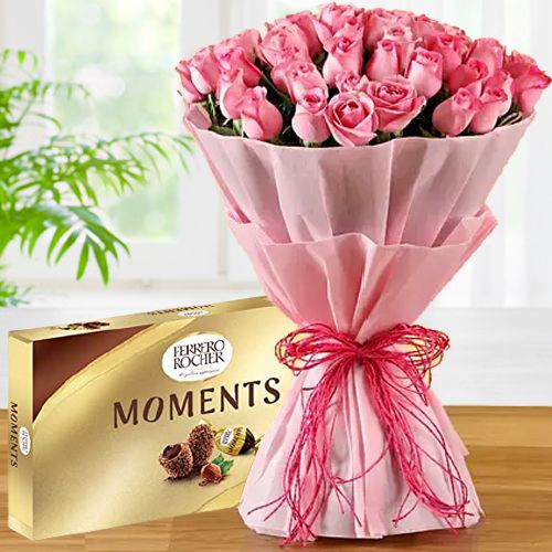 Poetic Pink Roses Bouquet n Ferrero Rocher Moments Combo
