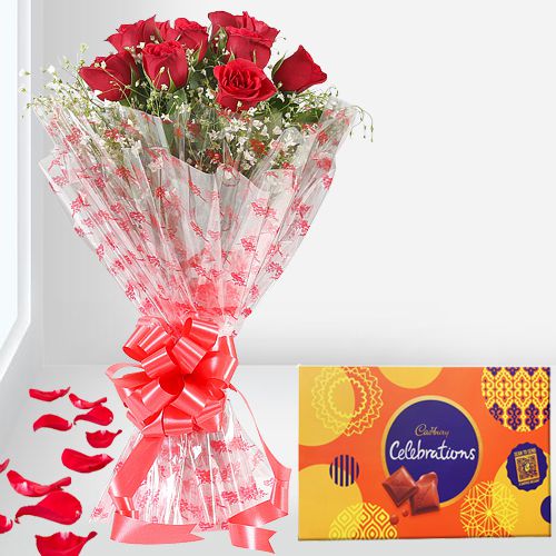 Romantic Combo of Cadbury Celebrations n Red Roses Bouquet