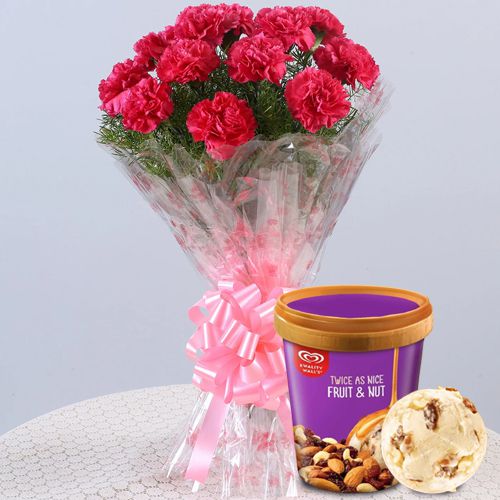 Tender Red Carnations Bouquet with Fruit n Nut Ice-Cream from Kwality Walls