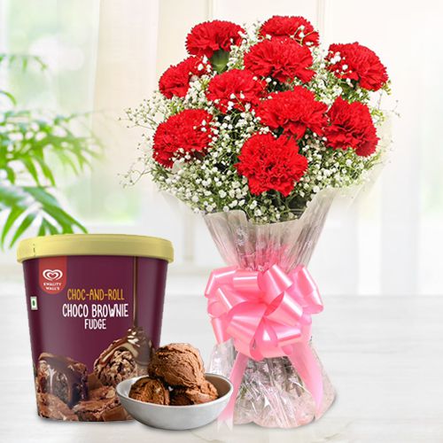 Dreamy Red Carnation Bouquet with Kwality Walls Choco Brownie Fudge Ice Cream
