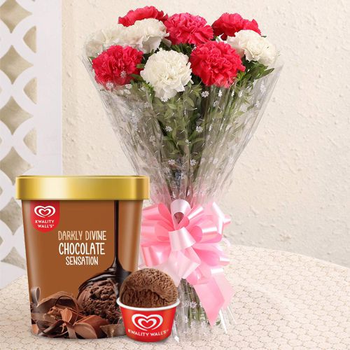 Amazing Assorted Carnations Bouquet with Chocolate Ice-Cream from Kwality Walls