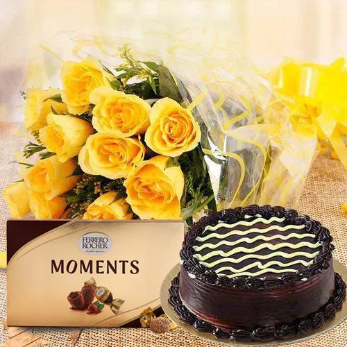 Yummy Chocolate Cake N Yellow Rose Bouquet with Ferrero Rocher Moments