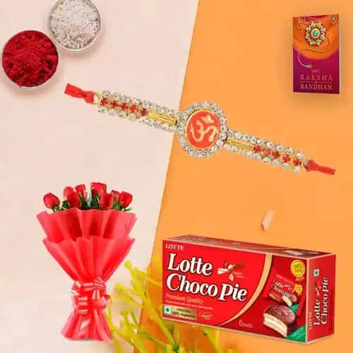 Classy Rakhi Special 12 Red Roses Bunch and Choco Pie Box with Rakhi for Raksha Bandhan Celebration