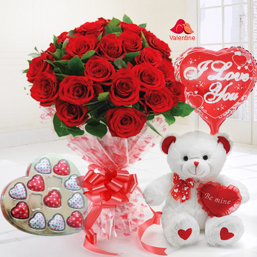 24 Exclusive Red Dutch Roses Bouquet and Heart Shape Chocolate Box Heart Shape Balloon and Small Teddy Bear