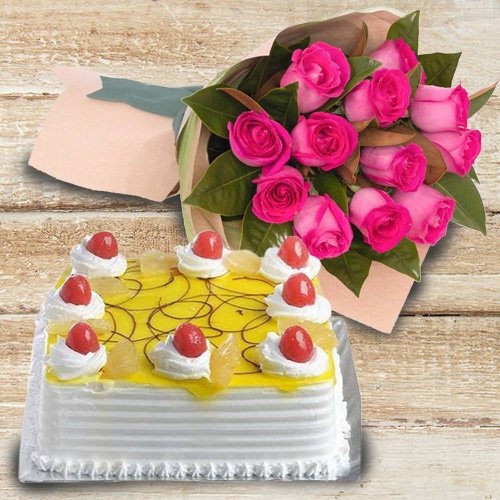 Pink Roses with 1 Kg Eggless Cake