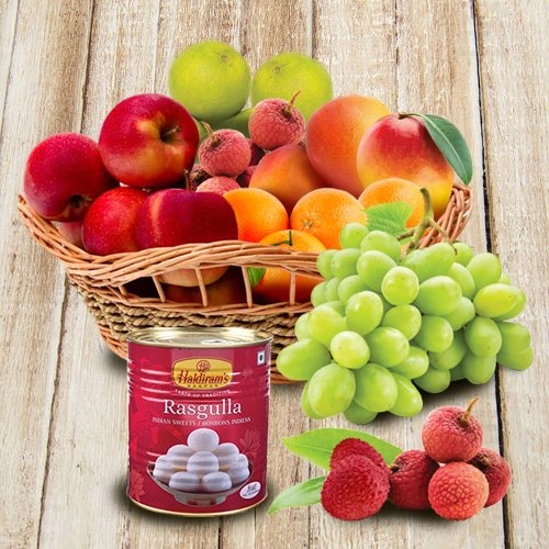Mothers Day special Basket of Assorted Fresh Fruits with Haldiram Rasgulla