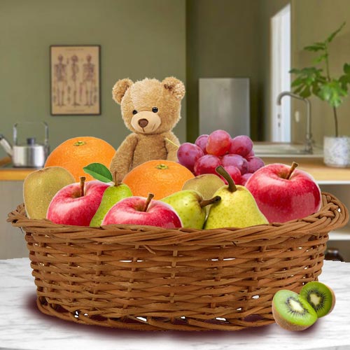 Delectable Basket of Fresh Fruits and Teddy
