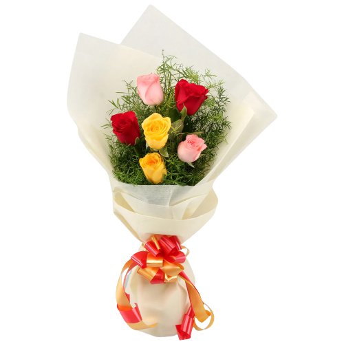 Charming Bunch of Mixed Roses in Tissue Wrapping