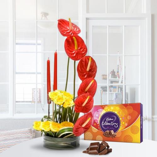 Stylish Flower Arrangement with Candles n Cadbury Celebration