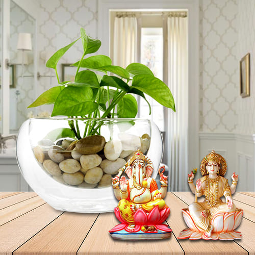 Festive Gift of Holy Lakshmi Ganesh Murti with Green Money Plant<br>