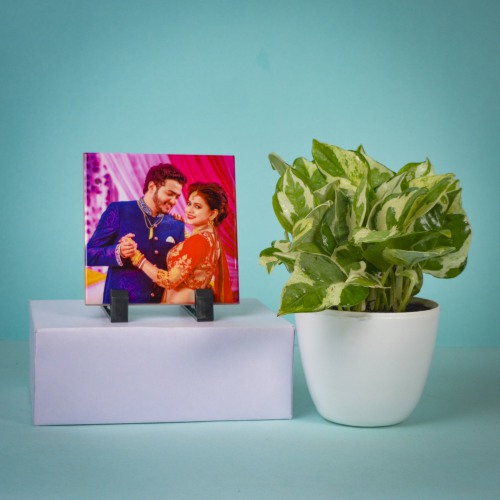 Air Purifying Golden Pothos Plant n Personalize Table Clock Duo