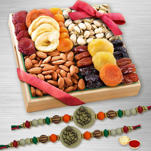 Ecstatic Set of 2 Ganesh Rakhi with Mixed Dried Fruits in Wooden Tray