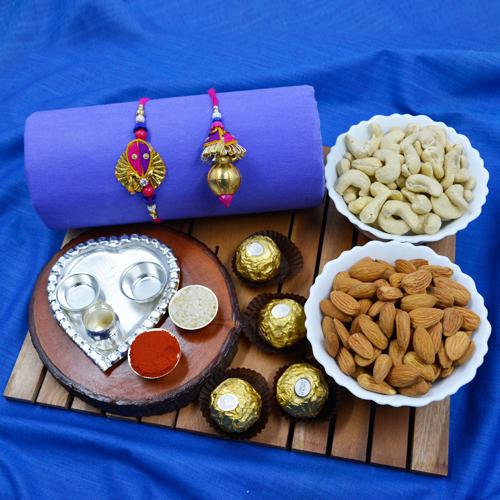 Classy Bhaiya Bhabhi Rakhi with Pooja Thali, Dry Fruits n Ferrero Rocher