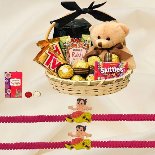Chocolates Basket with Teddy N Twin Kids Rakhi