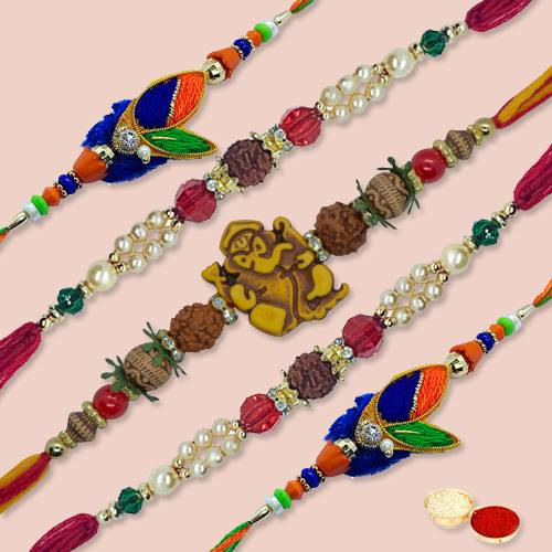 Superb 5 Pieces Thread Rakhi Set with free Roli Tilak and Chawal for your Precious Brother on the Occasion of Rakhi