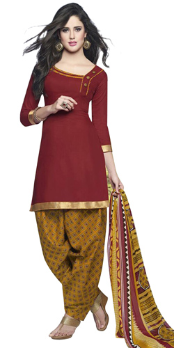 Fashionable Cotton Printed Patiala Suit Shaded in Red and Yellow