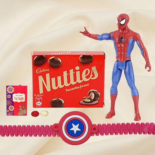 Wonderful Selection of Marvel Avengers Spiderman Action Figurine for Little Ones and Kids Rakhi Cadbury Nutties with Free Roli Tilak and Chawal