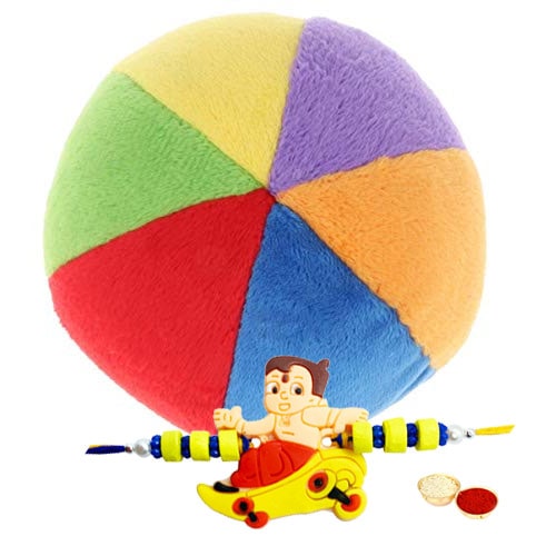 Part Multi  Colored Balls for Kids with Chota Bheem Rakhi and Roli Tilak and Chawal.